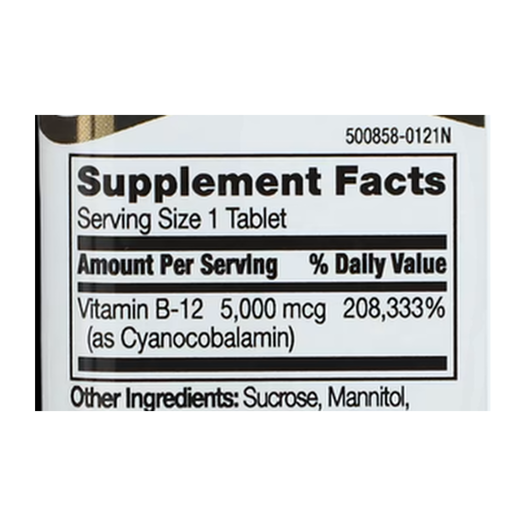 21st Century, Vitamin B-12, Cherry, 5,000 mcg, 110 Sublingual Tablets supplement facts label showing ingredients, vitamins, minerals, and serving information
