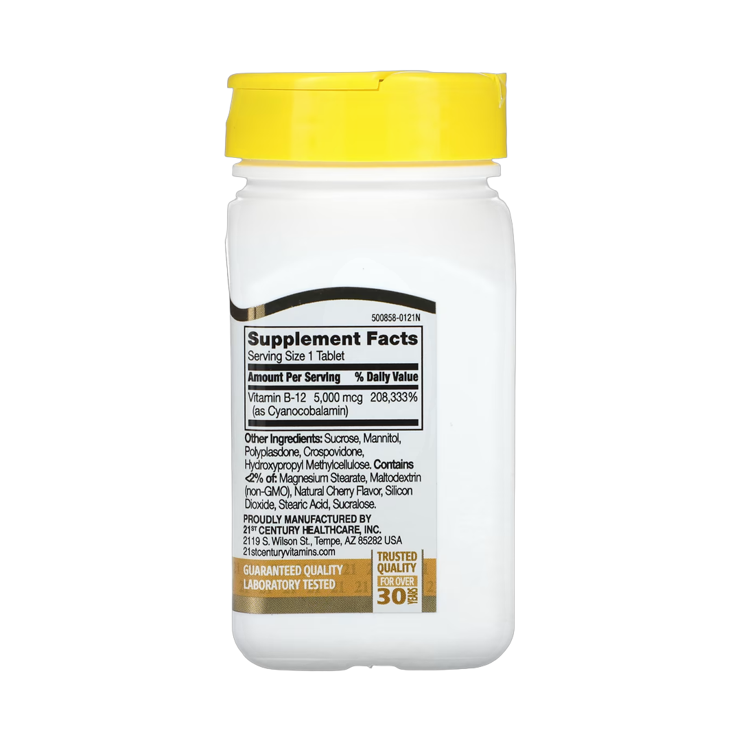 21st Century, Vitamin B-12, Cherry, 5,000 mcg, 110 Sublingual Tablets back packaging view