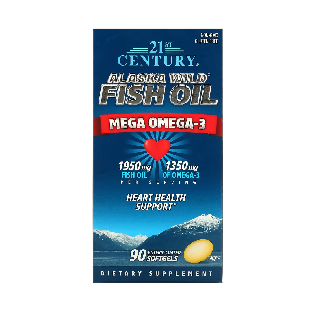 21st Century, Alaska Wild Fish Oil, Mega Omega 3, 90 Enteric Coated Softgels front packaging view