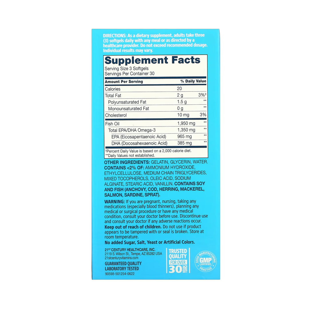 21st Century, Alaska Wild Fish Oil, Mega Omega 3, 90 Enteric Coated Softgels back packaging view