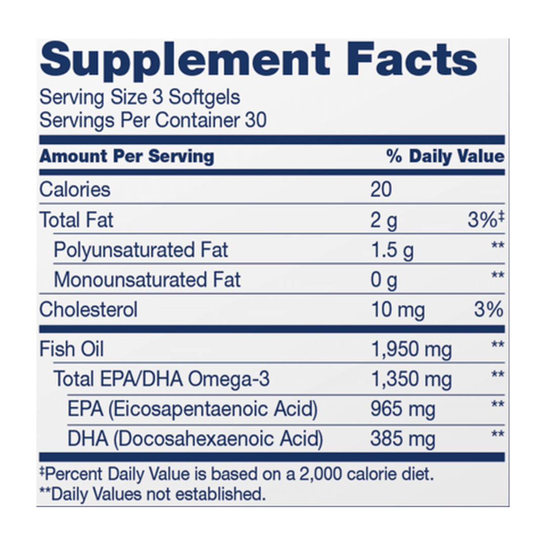 21st Century, Alaska Wild Fish Oil, Mega Omega 3, 90 Enteric Coated Softgels supplement facts label showing ingredients, vitamins, minerals, and serving information