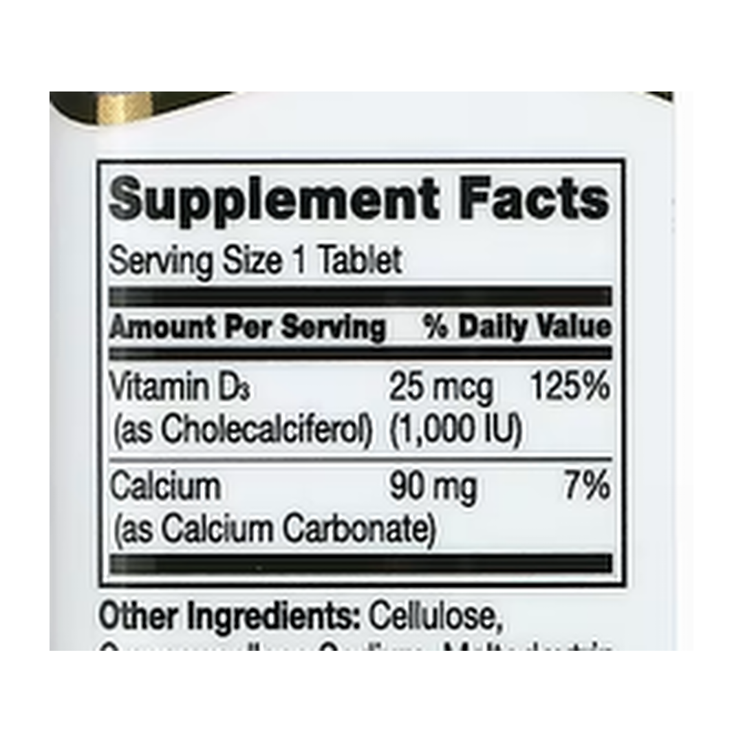 21st Century, Vitamin D3, 25 mcg (1,000 IU), 500 Tablets supplement facts label showing ingredients, vitamins, minerals, and serving information