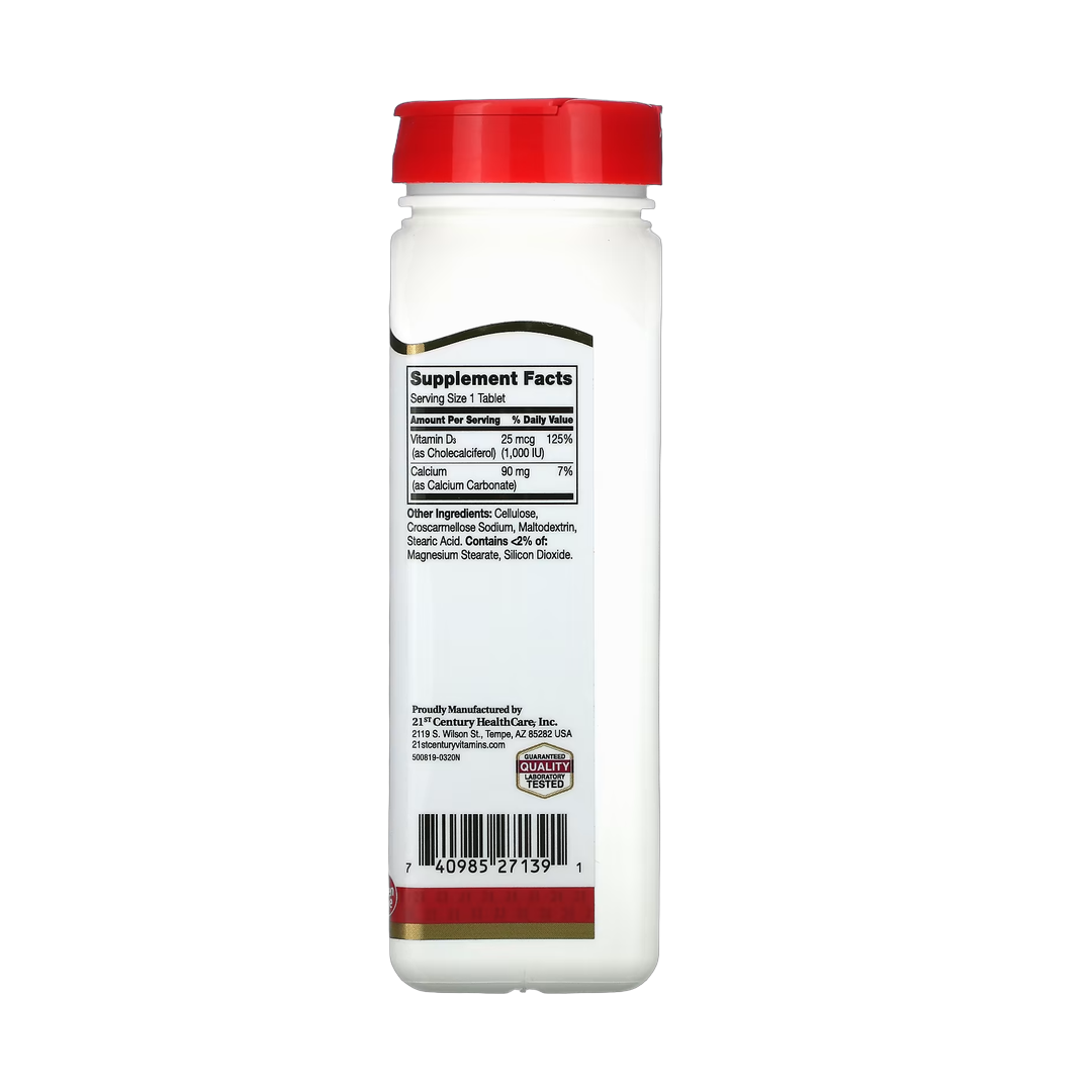 21st Century, Vitamin D3, 25 mcg (1,000 IU), 500 Tablets back packaging view
