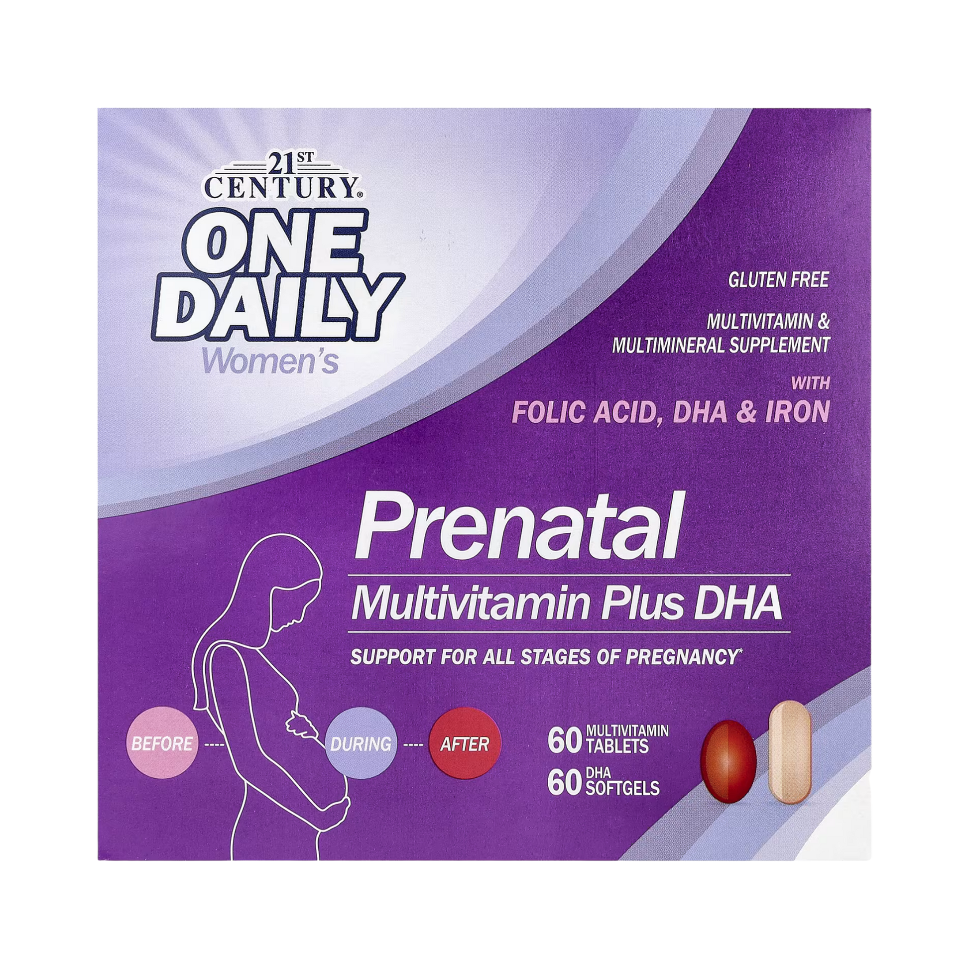 21st Century, Prenatal Multivitamin Plus DHA, 2 Bottles, 60 Tablets / 60 Softgels front packaging view