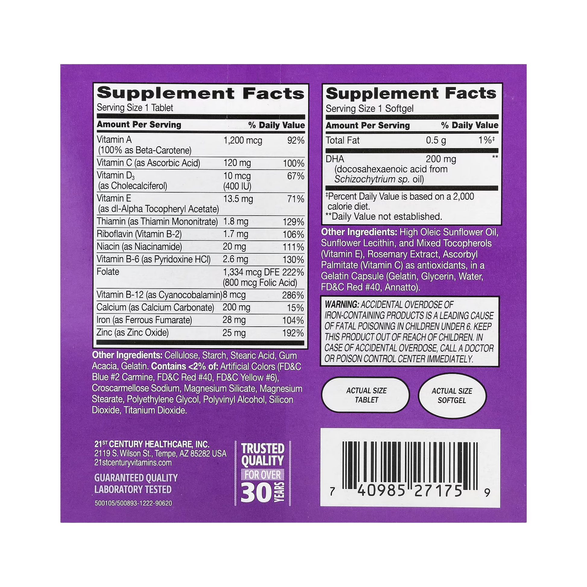 21st Century, Prenatal Multivitamin Plus DHA, 2 Bottles, 60 Tablets / 60 Softgels back packaging view