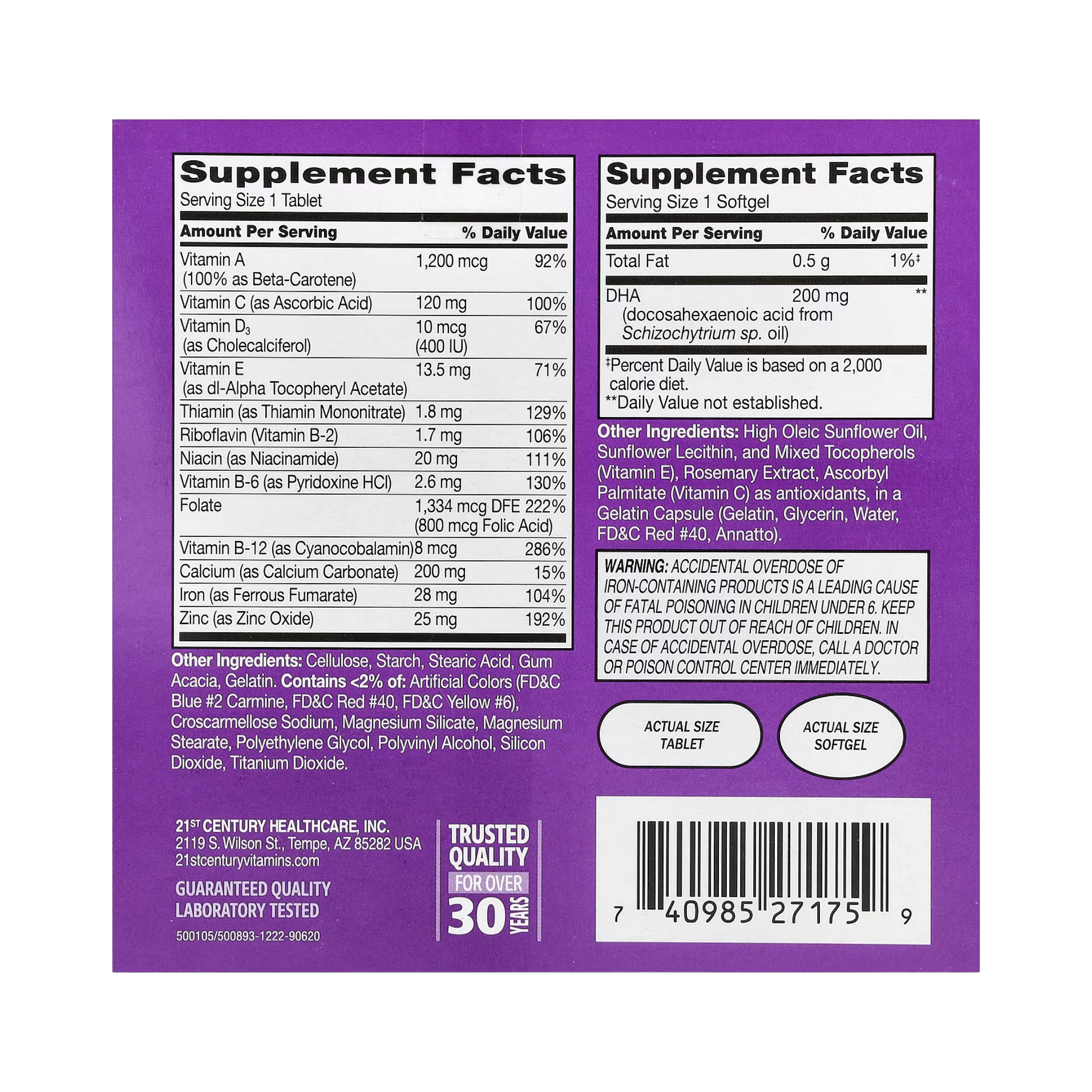 21st Century, Prenatal Multivitamin Plus DHA, 2 Bottles, 60 Tablets / 60 Softgels back packaging view