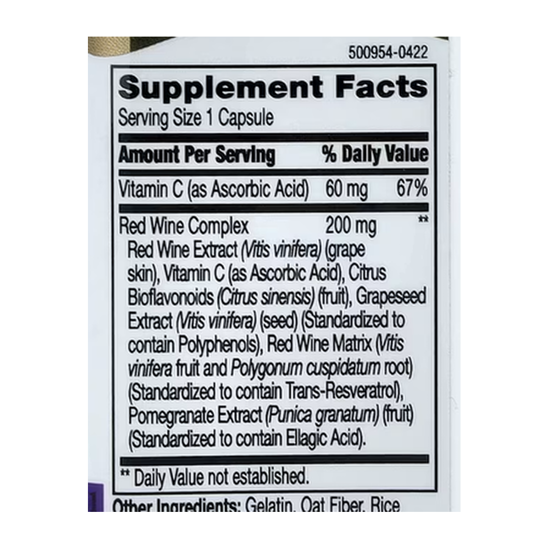 21st Century, Resveratrol Red Wine Extract, 90 Capsules supplement facts label showing ingredients, vitamins, minerals, and serving information