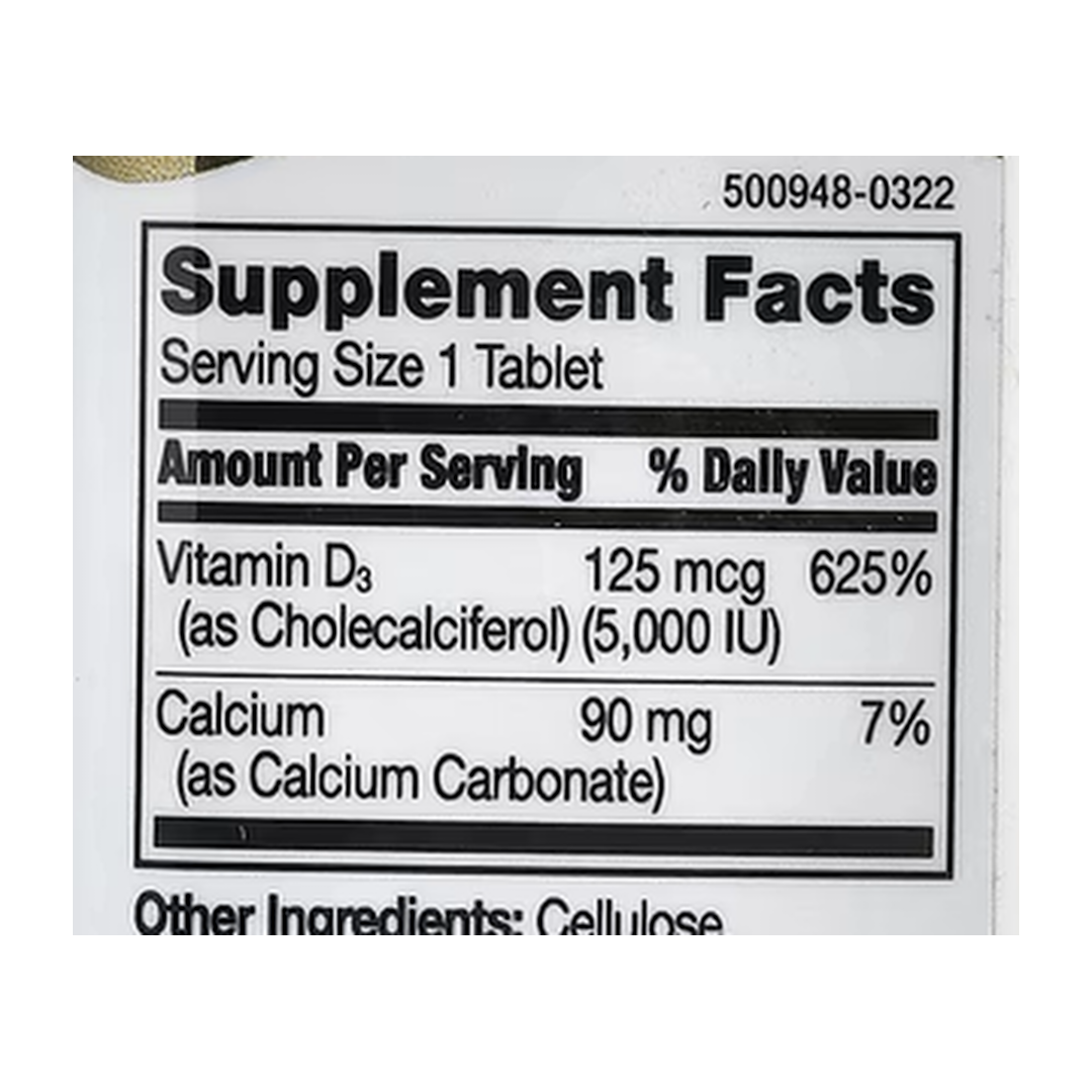 21st Century, Vitamin D3, 125 mcg (5,000 IU), 110 Tablets supplement facts label showing ingredients, vitamins, minerals, and serving information