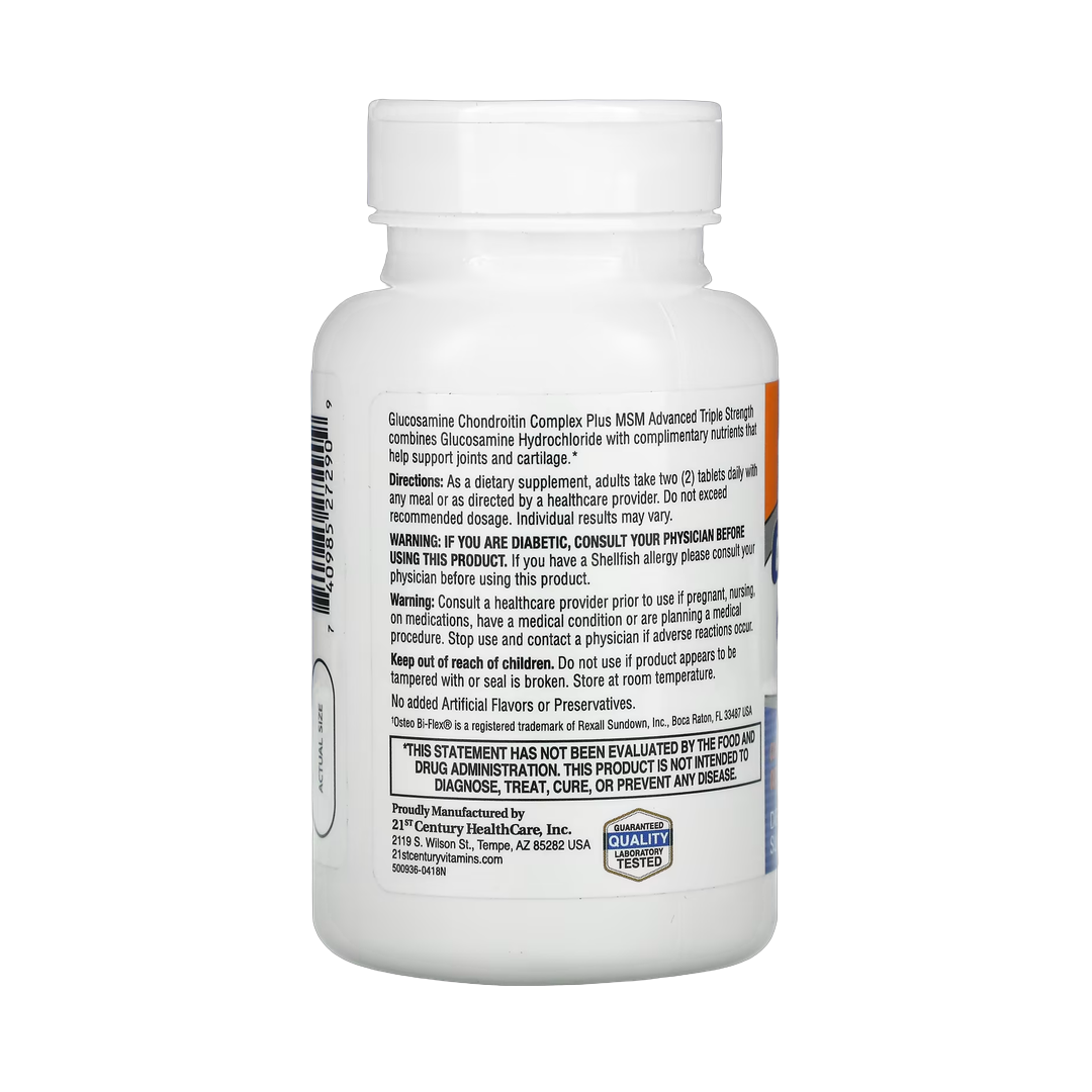 21st Century, Glucosamine Chondroitin Complex Plus MSM, Advanced Triple Strength, 80 Tablets back packaging view