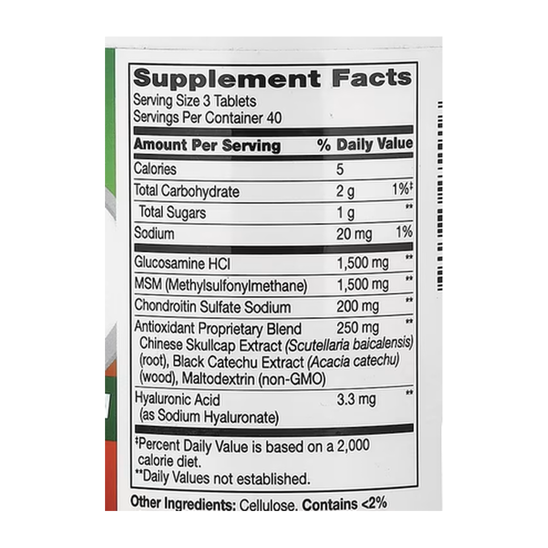 21st Century, Glucosamine Chondroitin Advanced Plus MSM, 120 Coated Tablets supplement facts label showing ingredients, vitamins, minerals, and serving information