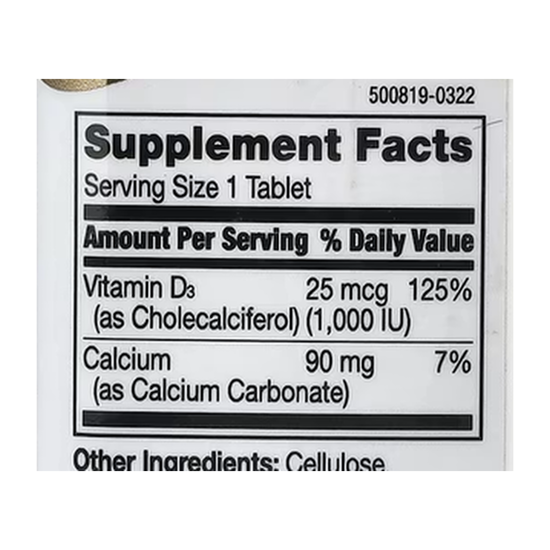 21st Century, Vitamin D3, 25 mcg (1,000 IU), 300 Tablets supplement facts label showing ingredients, vitamins, minerals, and serving information
