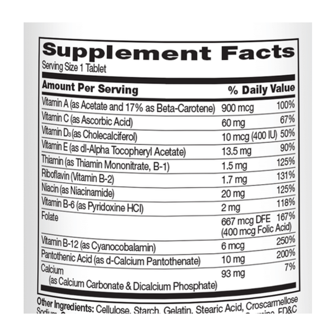 21st Century, One Daily, Essential, 100 Tablets supplement facts label showing ingredients, vitamins, minerals, and serving information