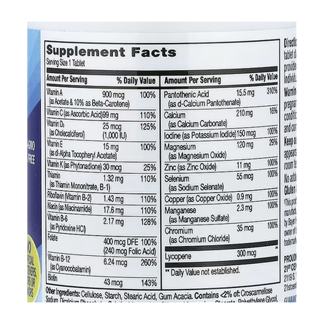 21st Century, One Daily, Men's Health, 100 Tablets supplement facts label showing ingredients, vitamins, minerals, and serving information