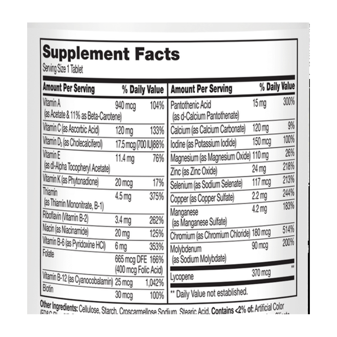 21st Century, One Daily, Men's 50+, 100 Tablets supplement facts label showing ingredients, vitamins, minerals, and serving information