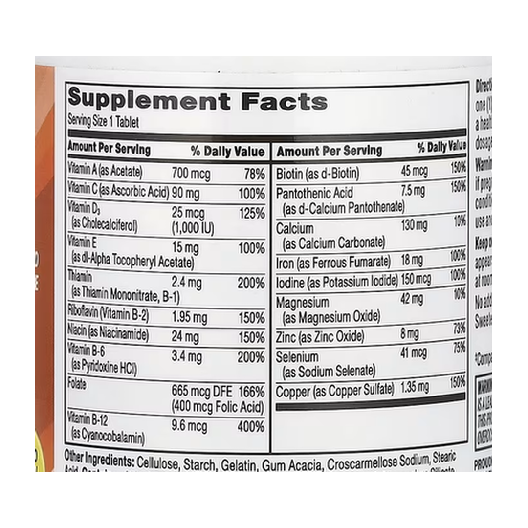 21st Century, One Daily, Women's, 100 Tablets supplement facts label showing ingredients, vitamins, minerals, and serving information