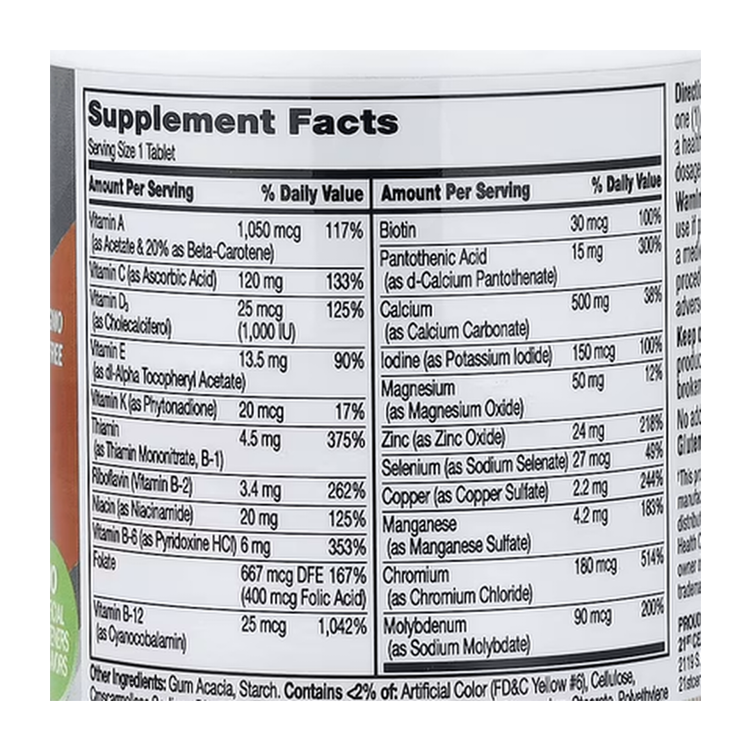 21st Century, One Daily, Women's 50+, 100 Tablets supplement facts label showing ingredients, vitamins, minerals, and serving information