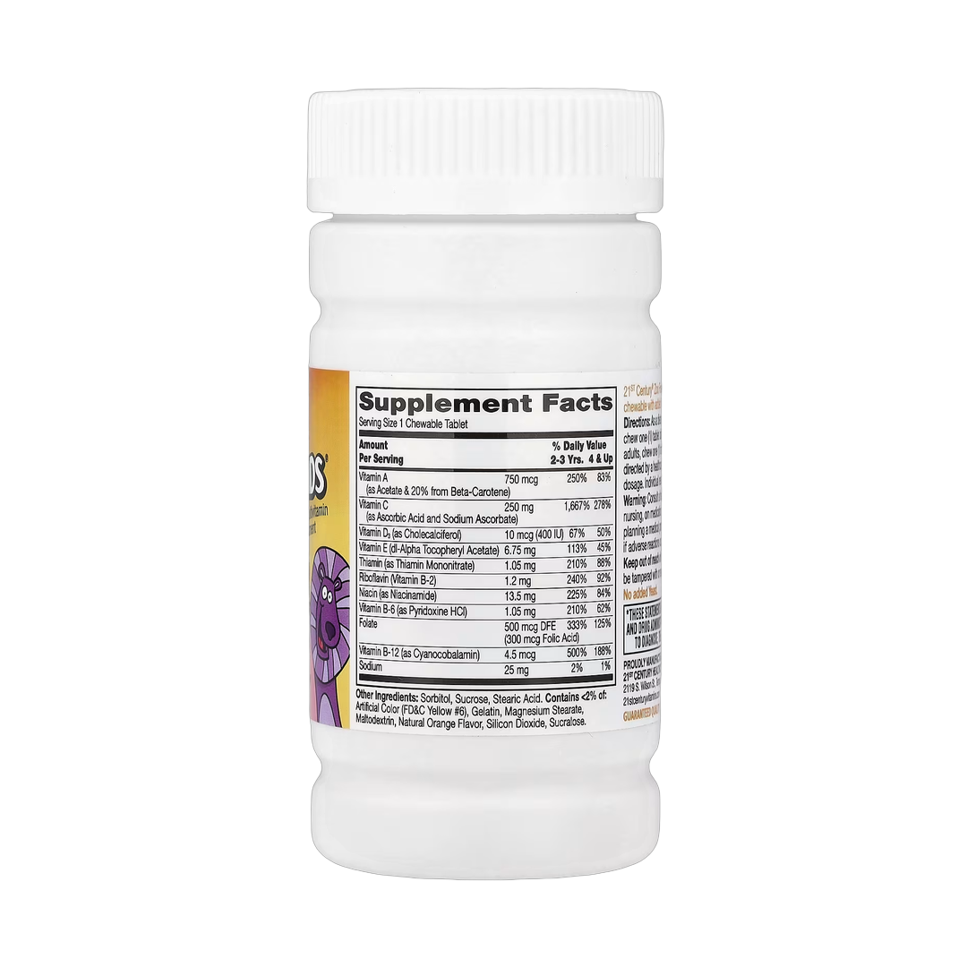 21st Century, Zoo Friends with Extra C, Natural Orange, 60 Chewable Tablets back packaging view