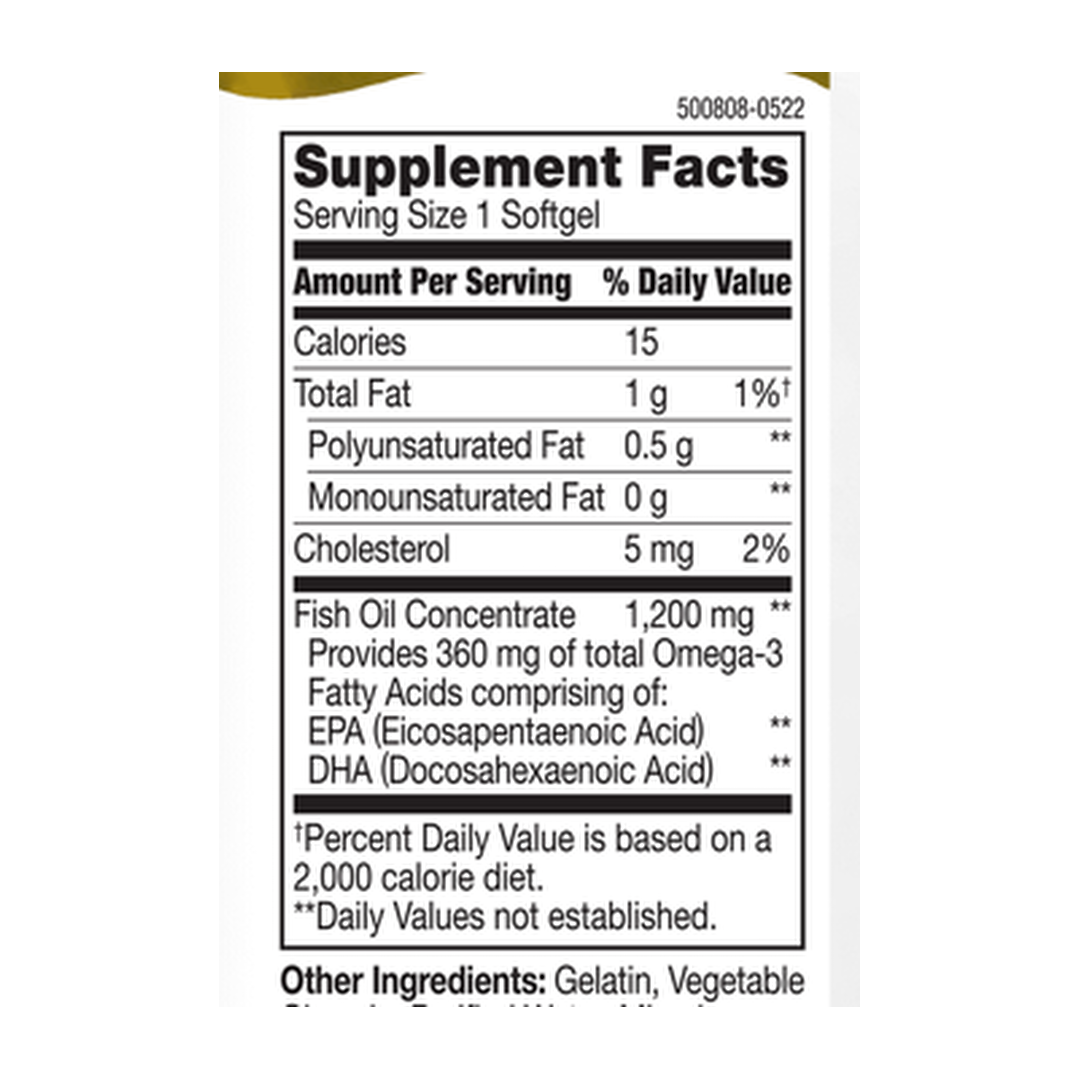 21st Century, Fish Oil, 1,200 mg, 140 Softgels supplement facts label showing ingredients, vitamins, minerals, and serving information