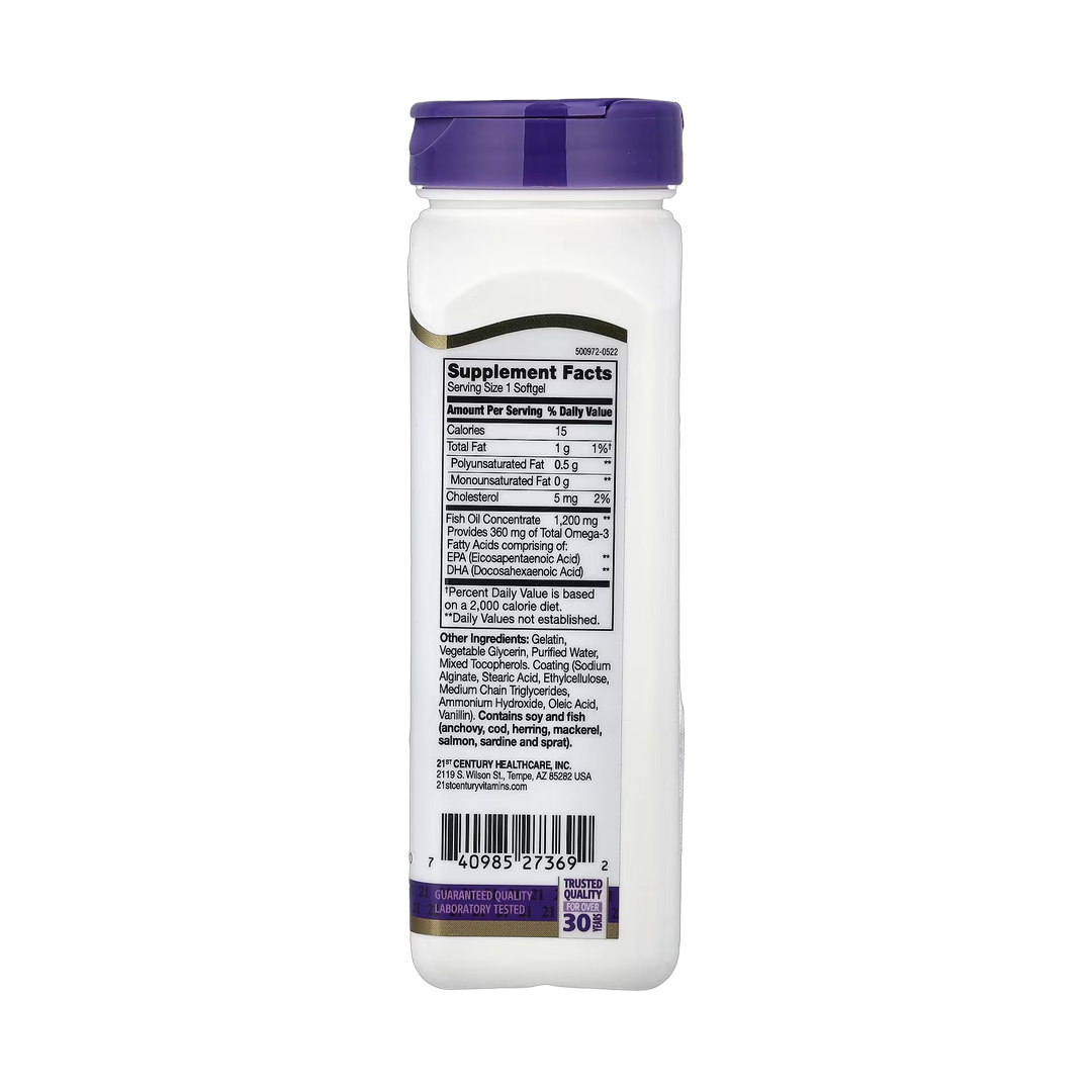 21st Century, Fish Oil, 1,200 mg, 90 Enteric Coated Softgels back packaging view