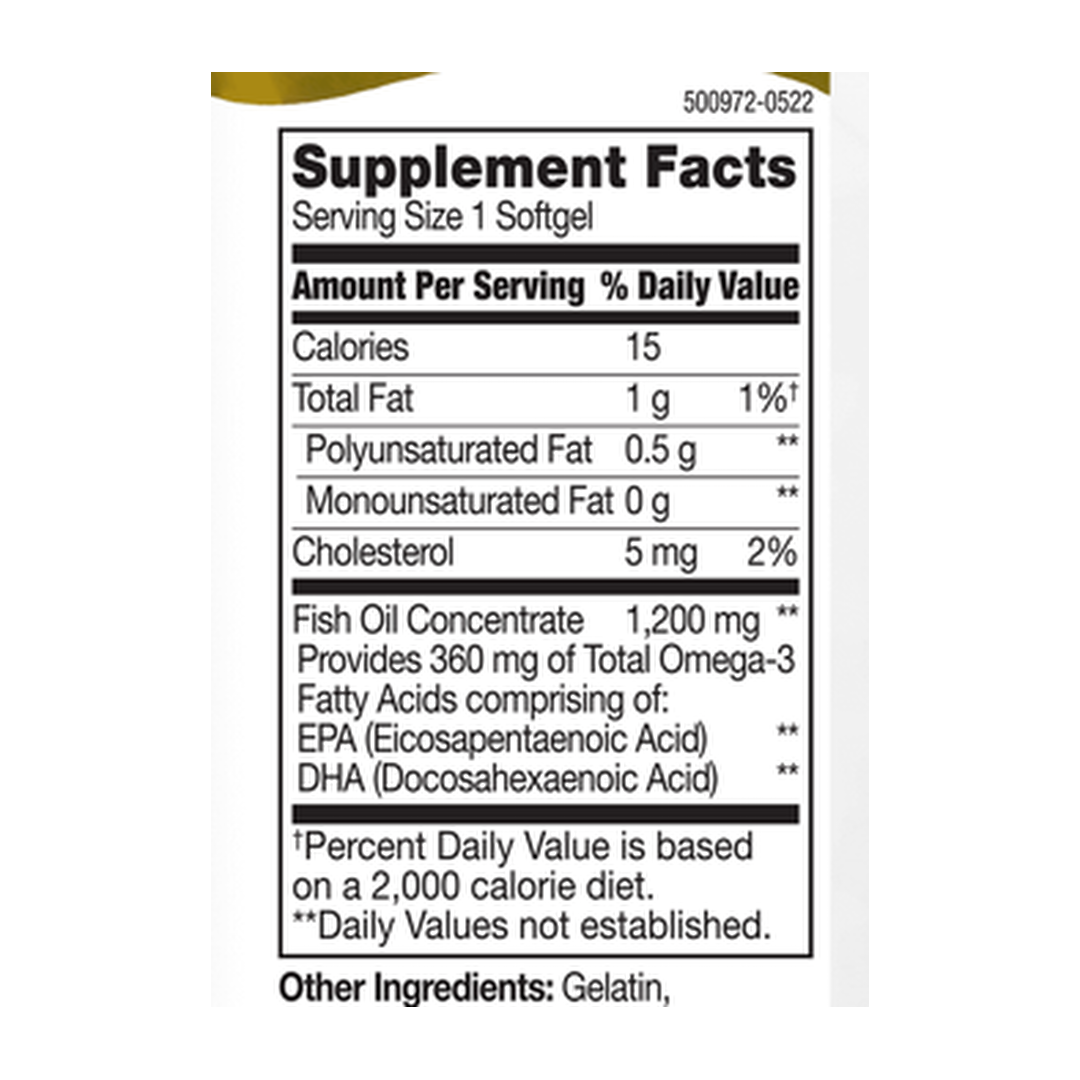 21st Century, Fish Oil, 1,200 mg, 90 Enteric Coated Softgels supplement facts label showing ingredients, vitamins, minerals, and serving information