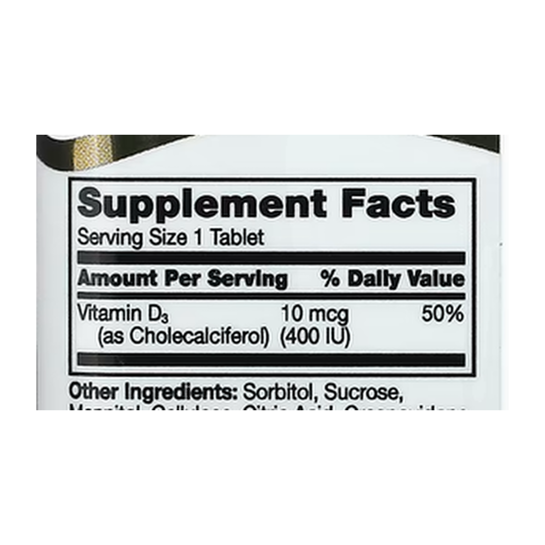 21st Century, Chewable Vitamin D3, Orange, 10 mcg (400 IU), 110 Tablets supplement facts label showing ingredients, vitamins, minerals, and serving information