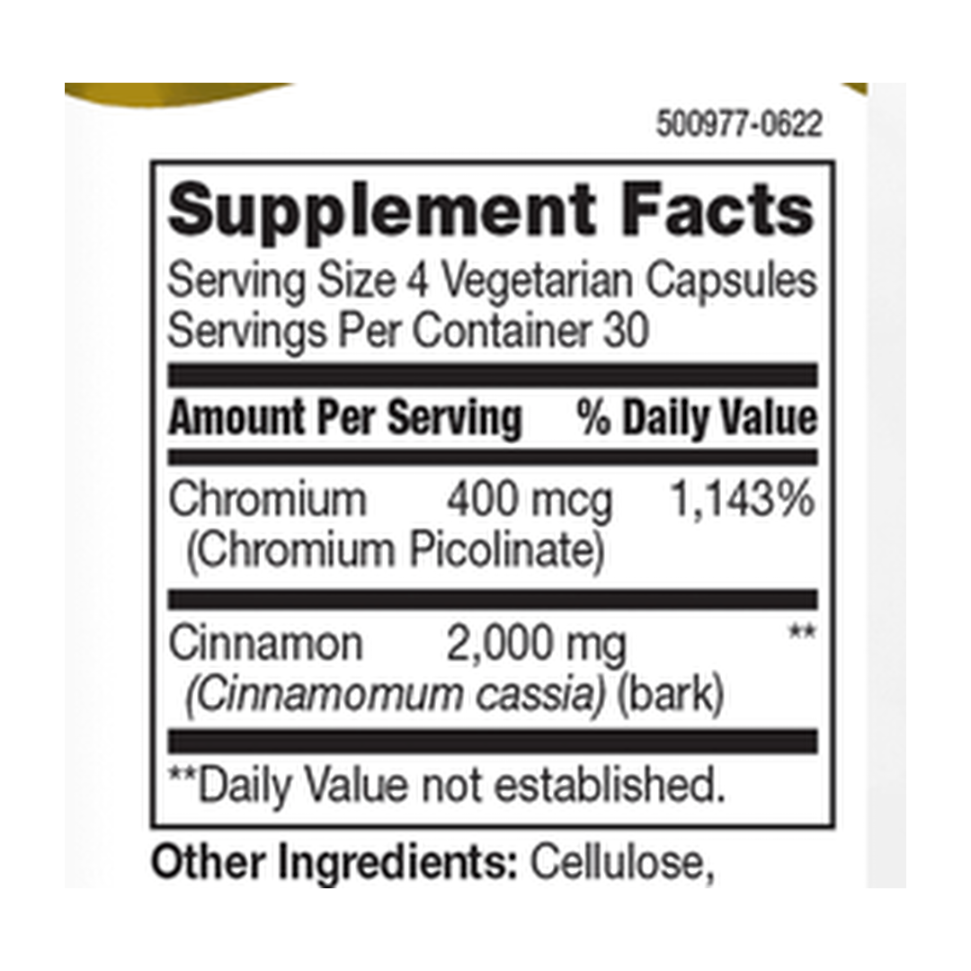 21st Century, Cinnamon plus Chromium, 120 Vegetarian Capsules supplement facts label showing ingredients, vitamins, minerals, and serving information