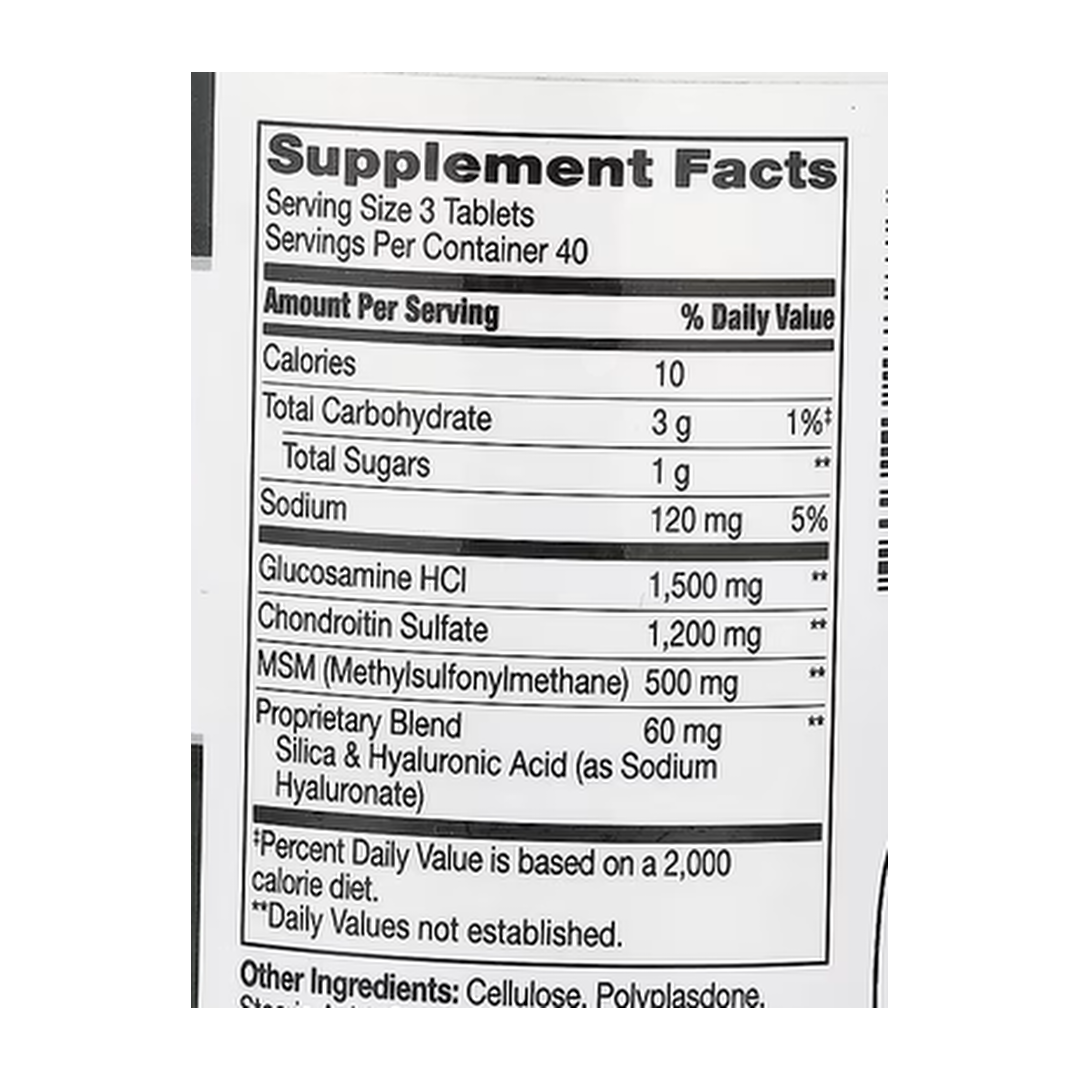 21st Century, Glucosamine & Chondroitin Plus Hyaluronic Acid + MSM, 120 Tablets supplement facts label showing ingredients, vitamins, minerals, and serving information