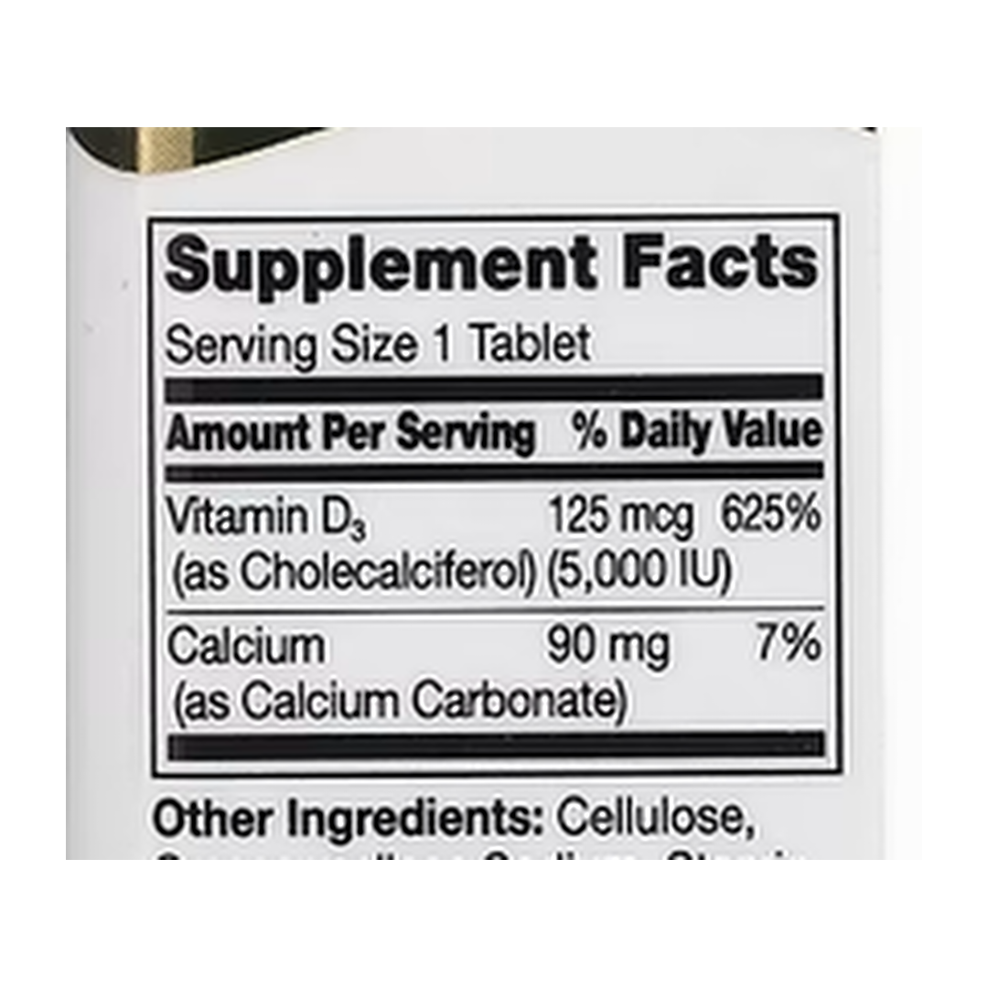 21st Century, Vitamin D3, 125 mcg (5,000 IU), 360 Tablets supplement facts label showing ingredients, vitamins, minerals, and serving information