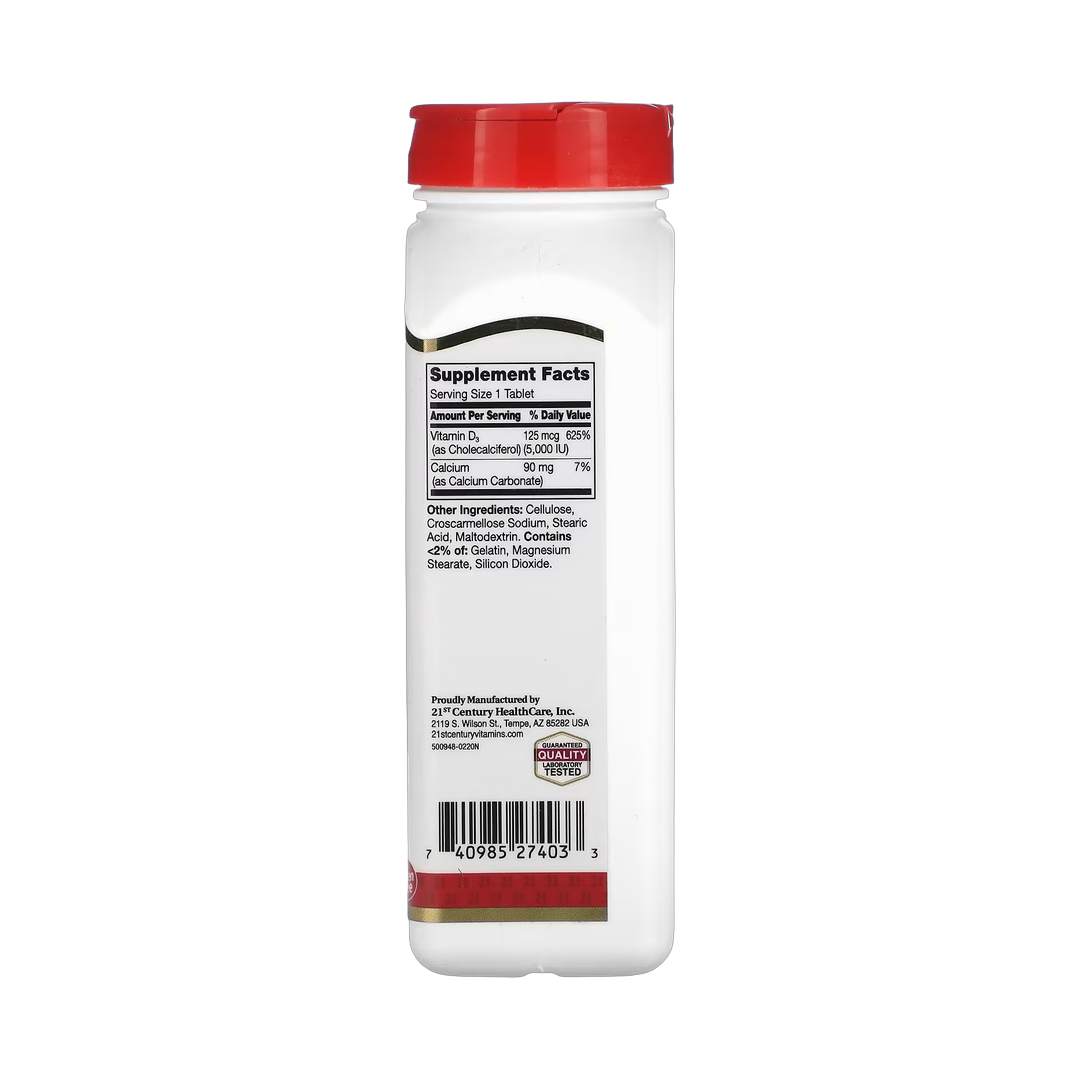 21st Century, Vitamin D3, 125 mcg (5,000 IU), 360 Tablets back packaging view