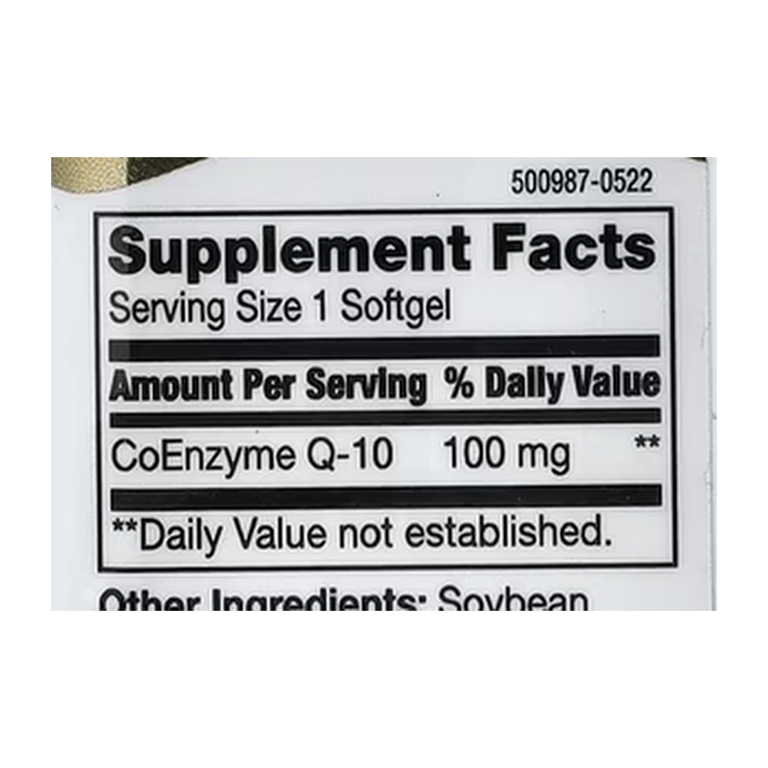 21st Century, Liquid Filled CoQ-10, 100 mg, 90 Rapid Release Softgels supplement facts label showing ingredients, vitamins, minerals, and serving information