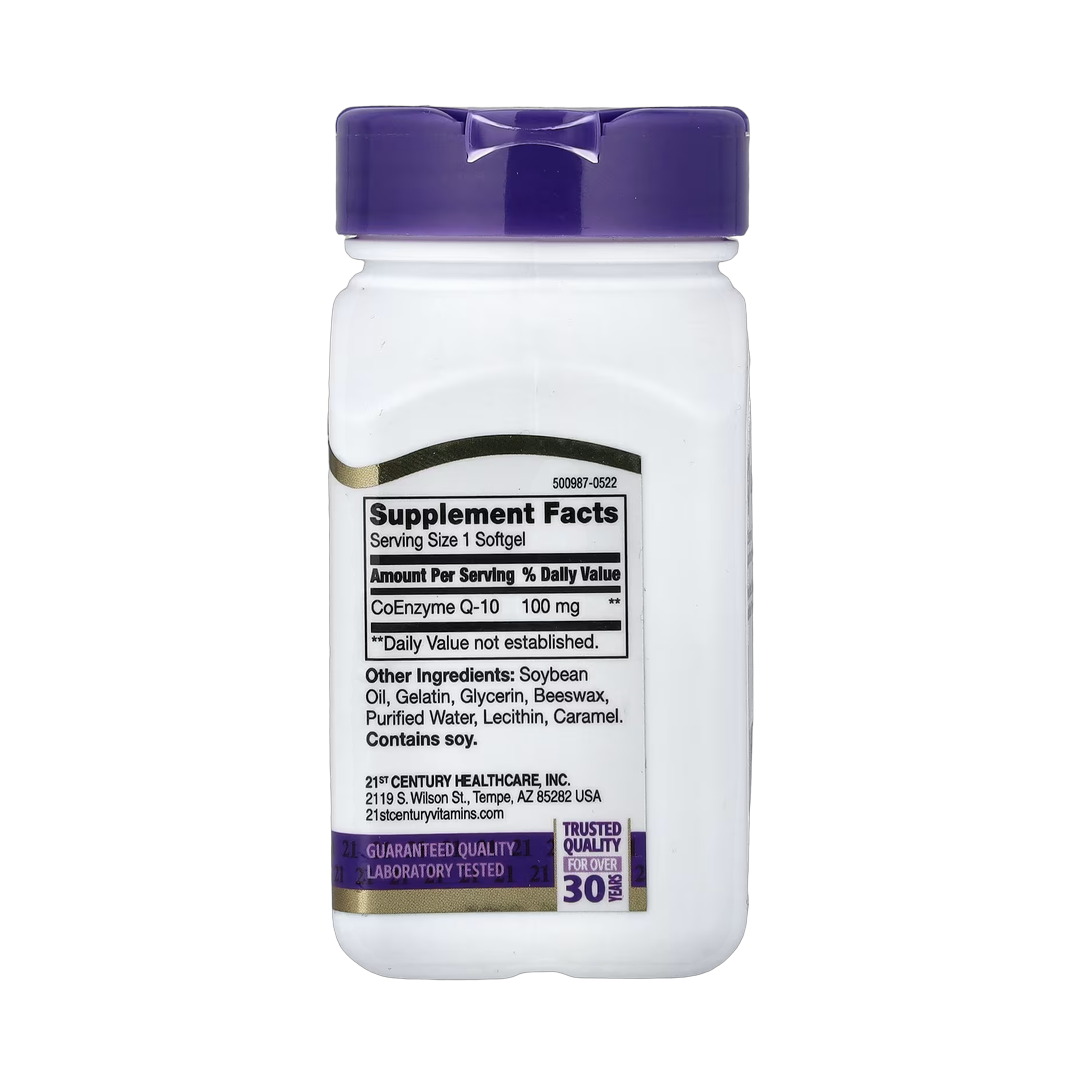 21st Century, Liquid Filled CoQ-10, 100 mg, 90 Rapid Release Softgels back packaging view