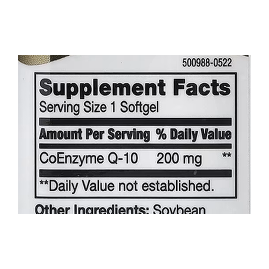 21st Century, Liquid Filled CoQ-10, 200 mg, 90 Rapid Release Softgels supplement facts label showing ingredients, vitamins, minerals, and serving information