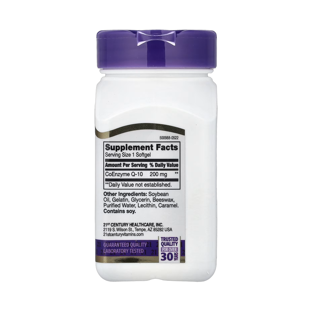 21st Century, Liquid Filled CoQ-10, 200 mg, 90 Rapid Release Softgels back packaging view