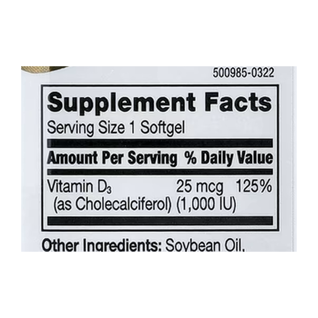 21st Century, Vitamin D3, 25 mcg (1,000 IU), 250 Rapid Release Softgels supplement facts label showing ingredients, vitamins, minerals, and serving information