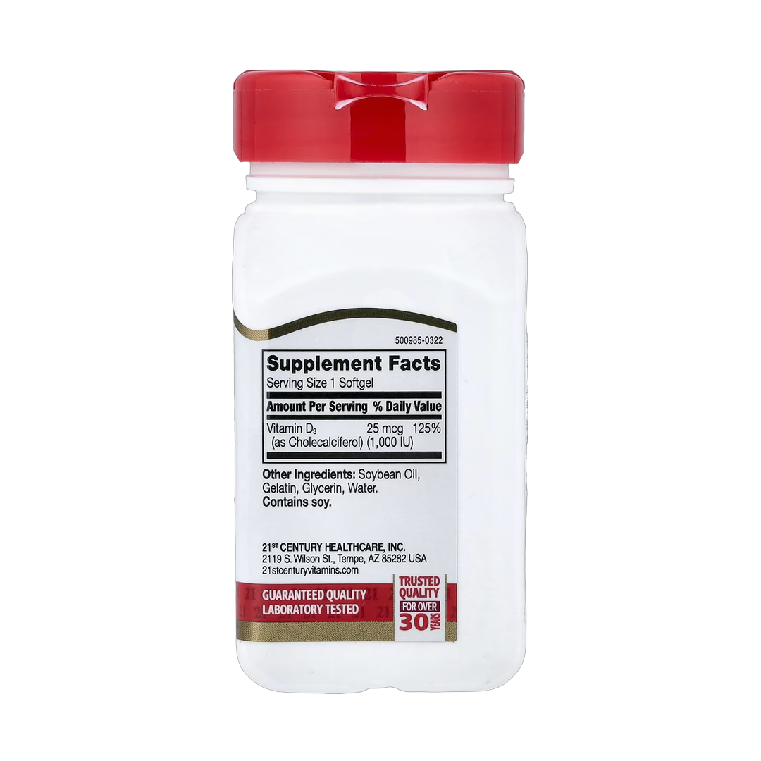 21st Century, Vitamin D3, 25 mcg (1,000 IU), 250 Rapid Release Softgels back packaging view