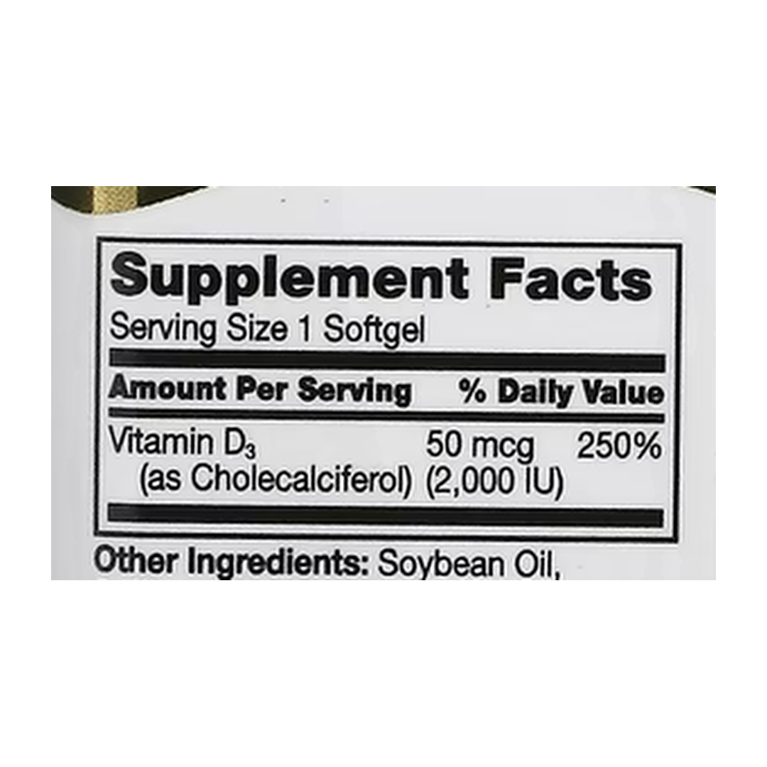 21st Century, Vitamin D3, 50 mcg (2,000 IU), 250 Softgels supplement facts label showing ingredients, vitamins, minerals, and serving information