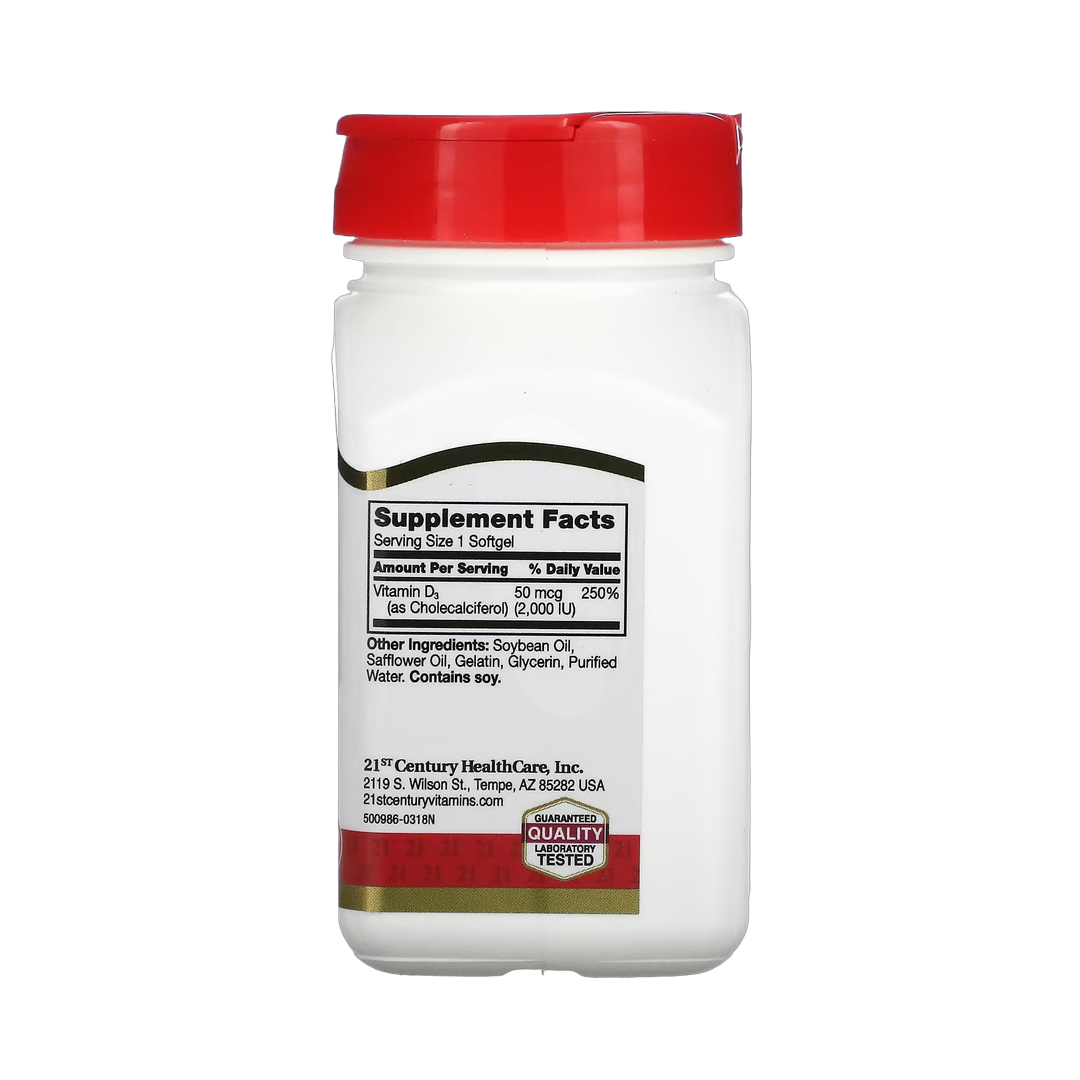 21st Century, Vitamin D3, 50 mcg (2,000 IU), 250 Softgels back packaging view