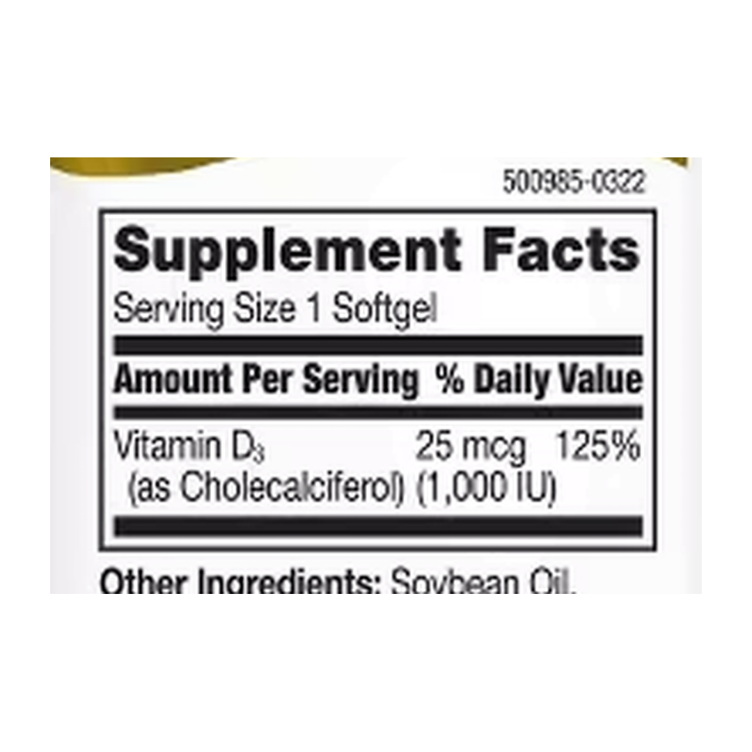 21st Century, D3, 25 mcg (1000 IU), 110 Tablets supplement facts label showing ingredients, vitamins, minerals, and serving information