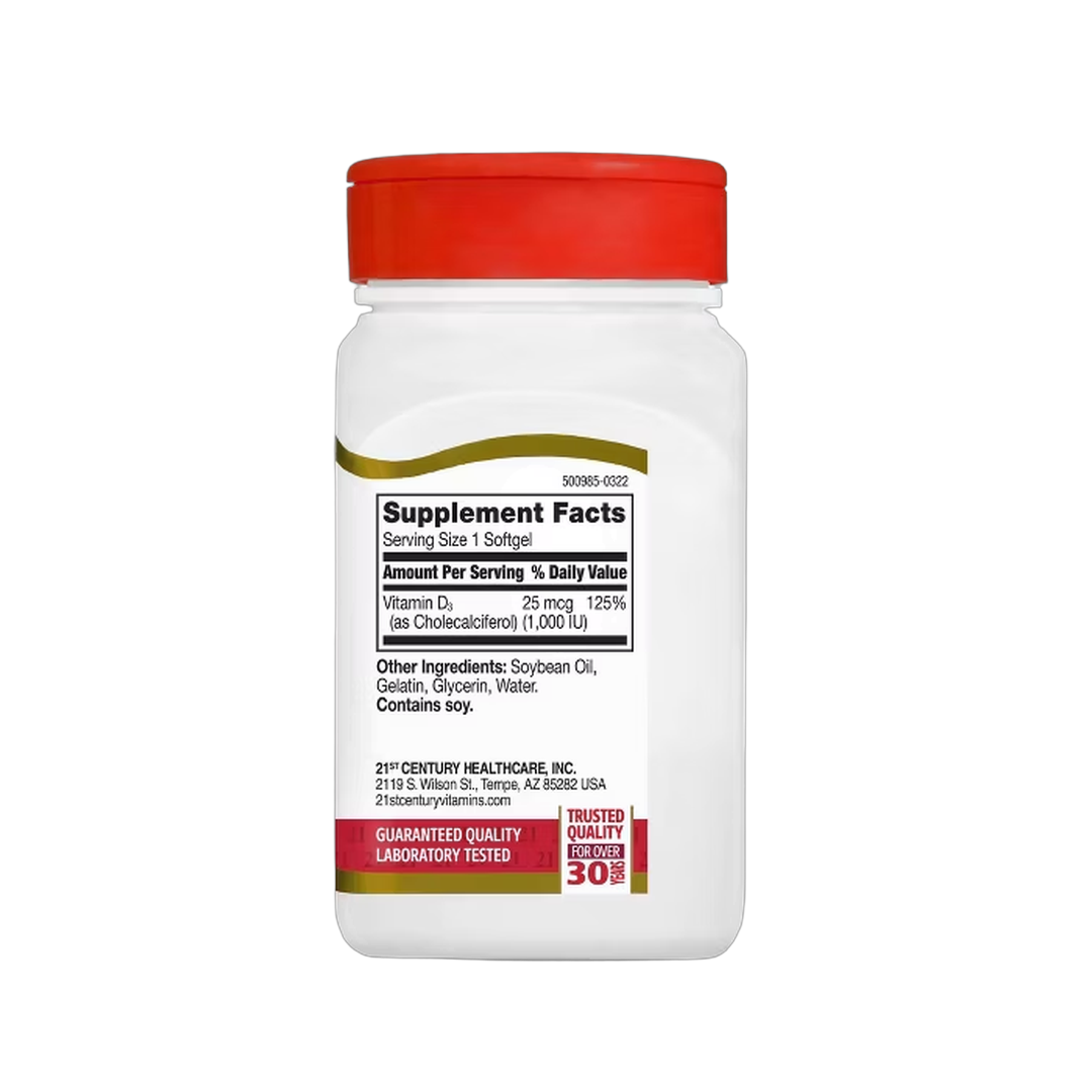 21st Century, D3, 25 mcg (1000 IU), 110 Tablets back packaging view