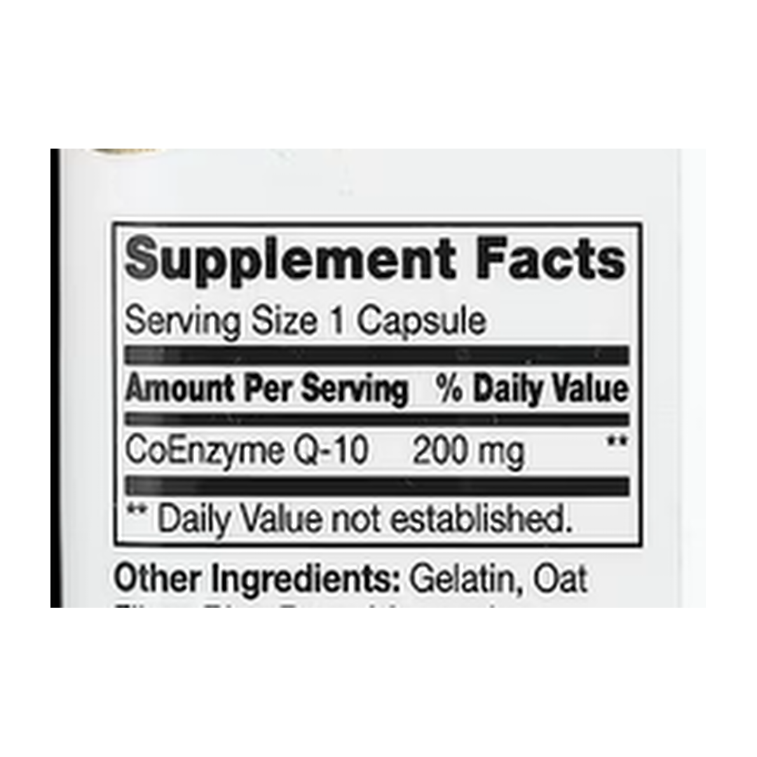 21st Century, CoQ10, 200 mg, 120 Capsules supplement facts label showing ingredients, vitamins, minerals, and serving information