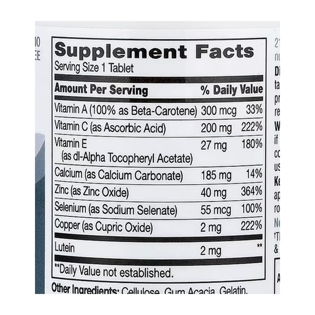 21st Century, Healthy Eyes, Lutein and Antioxidants, 60 Tablets supplement facts label showing ingredients, vitamins, minerals, and serving information