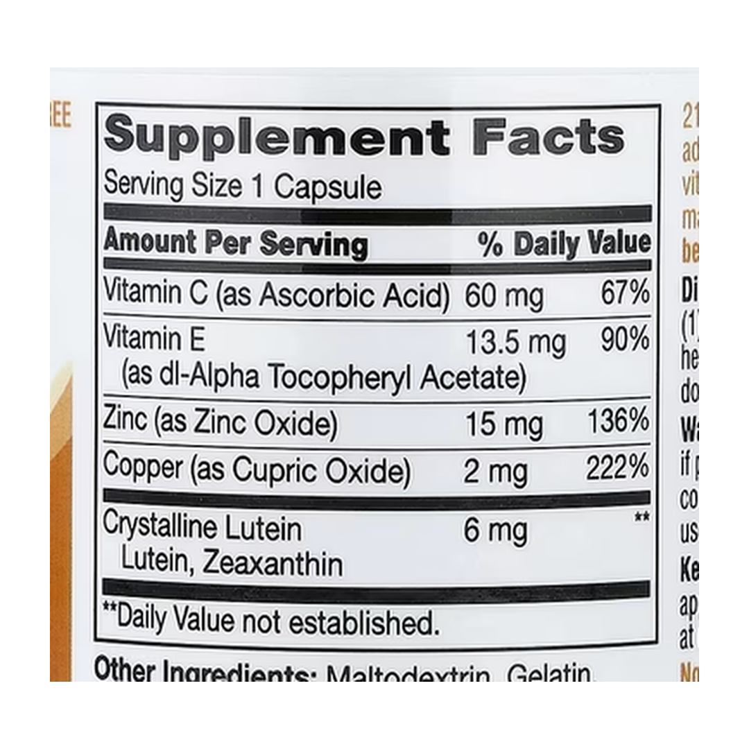 21st Century, Healthy Eyes, Lutein and Zeaxanthin, 60 Capsules supplement facts label showing ingredients, vitamins, minerals, and serving information