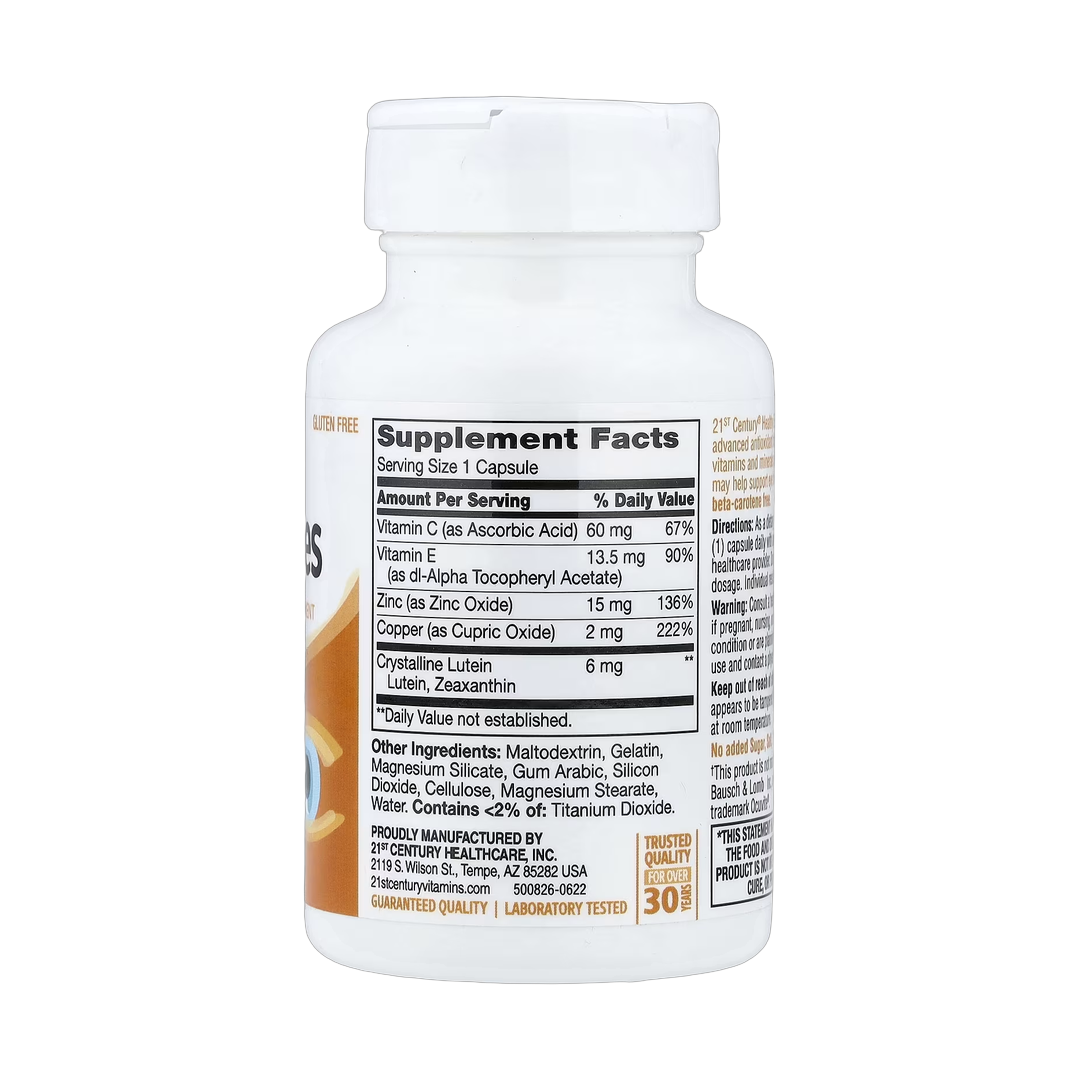 21st Century, Healthy Eyes, Lutein and Zeaxanthin, 60 Capsules back packaging view