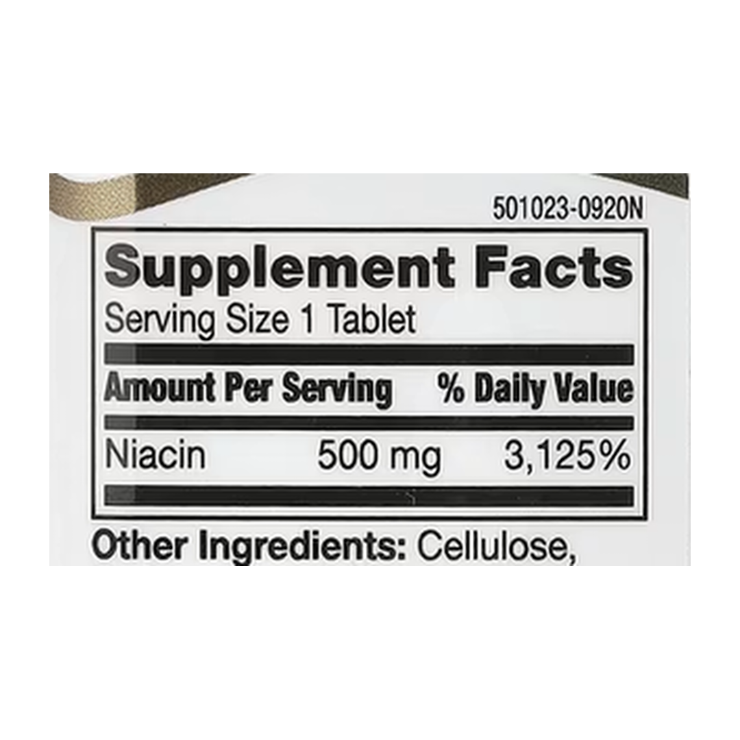 21st Century, Prolonged Release Niacin, 500 mg, 100 Tablets supplement facts label showing ingredients, vitamins, minerals, and serving information