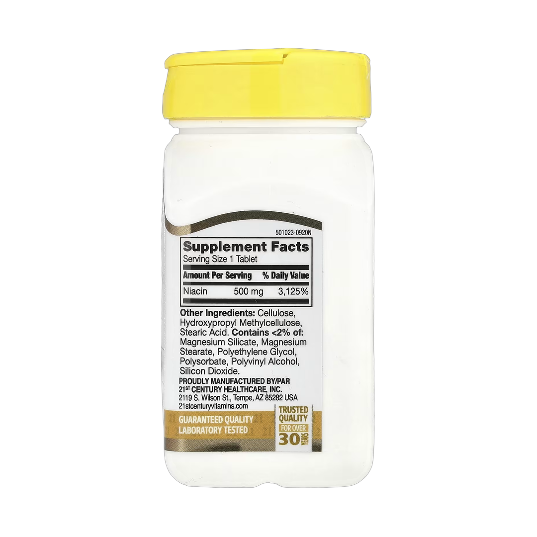 21st Century, Prolonged Release Niacin, 500 mg, 100 Tablets back packaging view