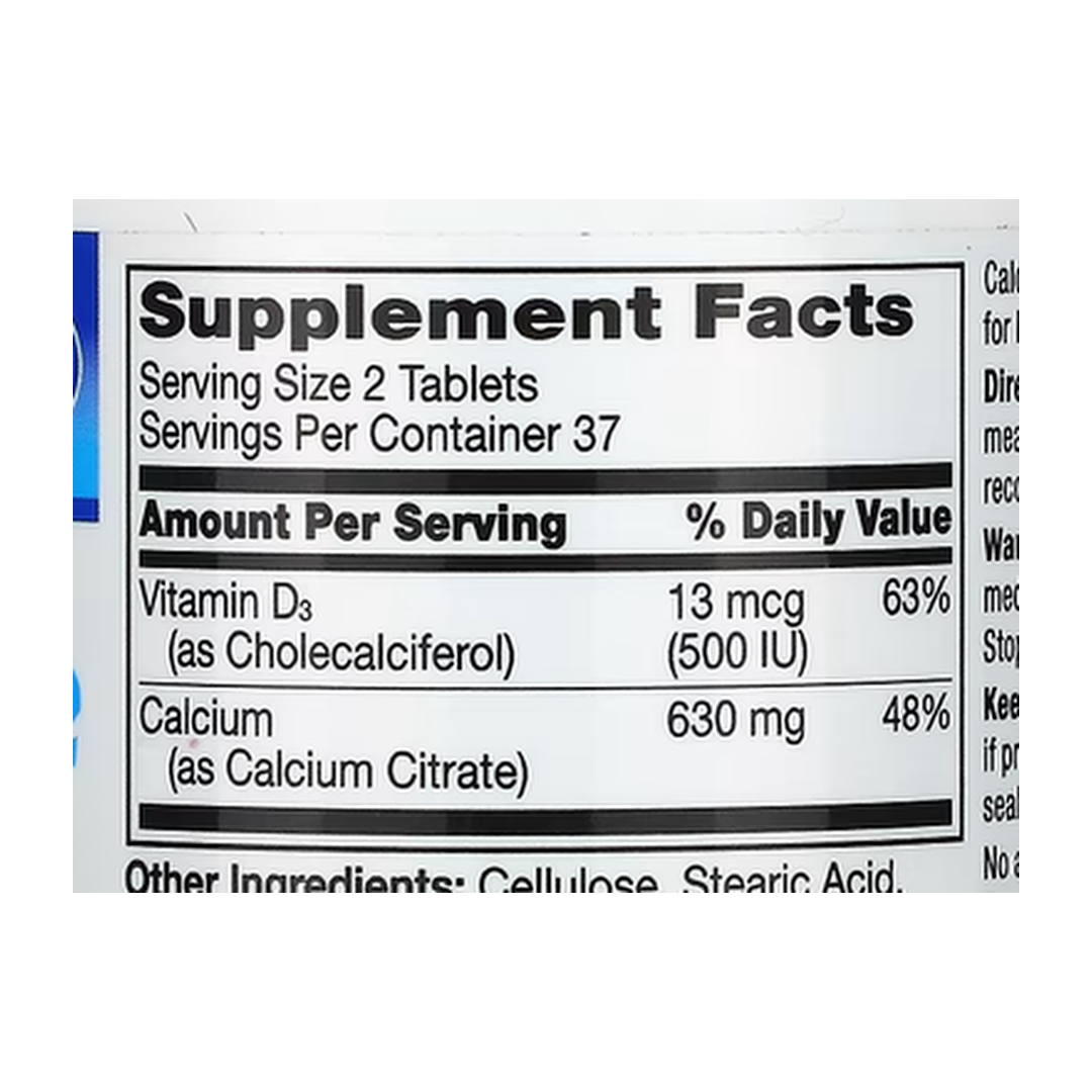 21st Century, Calcium Citrate + D3 Maximum, 75 Tablets supplement facts label showing ingredients, vitamins, minerals, and serving information