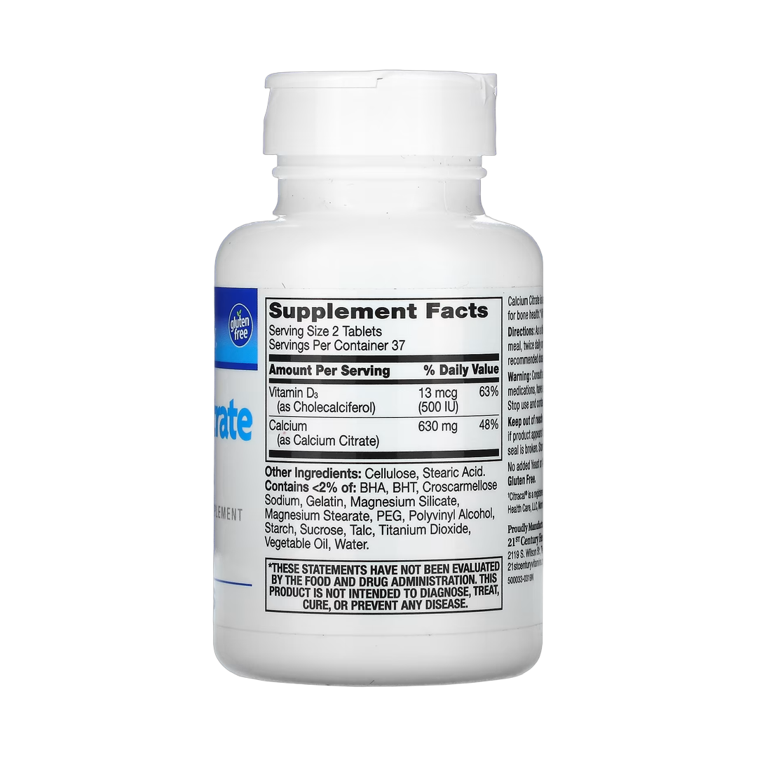 21st Century, Calcium Citrate + D3 Maximum, 75 Tablets back packaging view