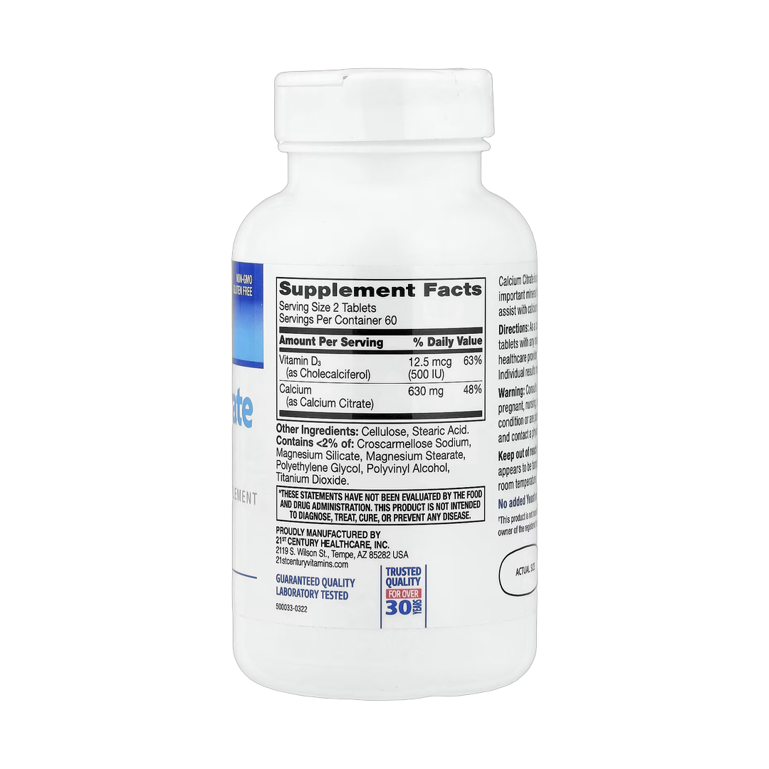 21st Century, Calcium Citrate Maximum + D3, 120 Tablets back packaging view