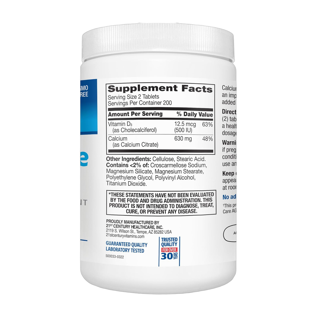 21st Century, Calcium Citrate Plus D3 Maximum, 400 Tablets back packaging view
