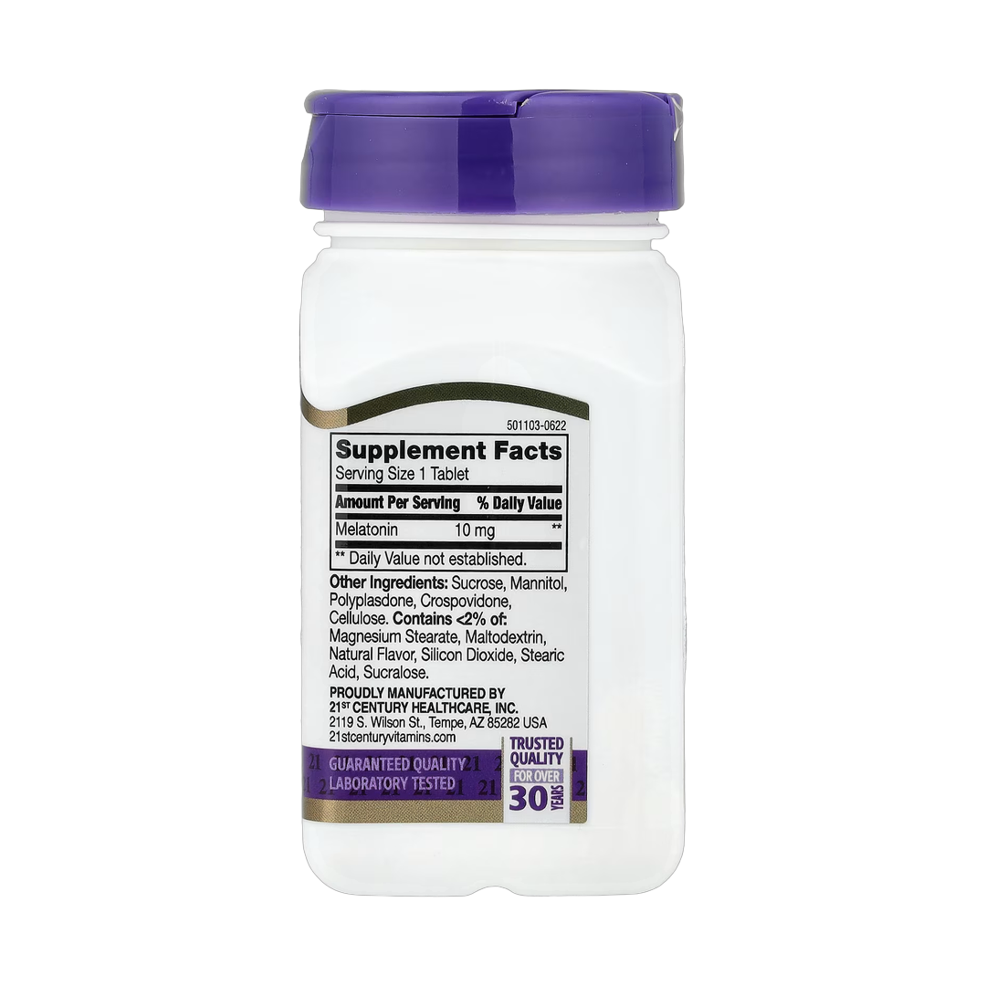 21st Century, Melatonin, Quick Dissolve, Cherry, 10 mg, 120 Tablets back packaging view
